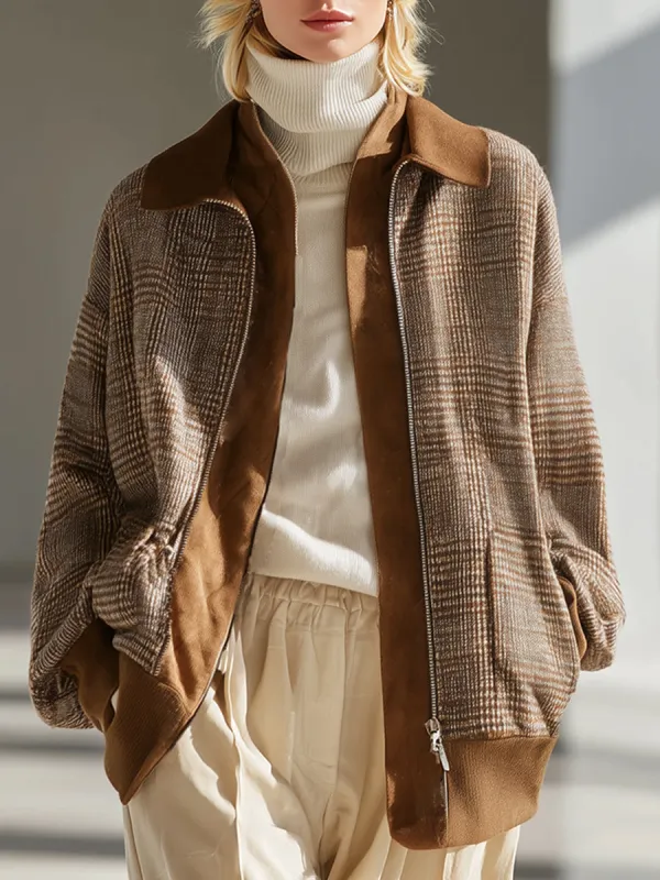 Casual Vintage Brown Plaid Faux Suede Trim Cropped Woolen Jacket sold by Oyrosy