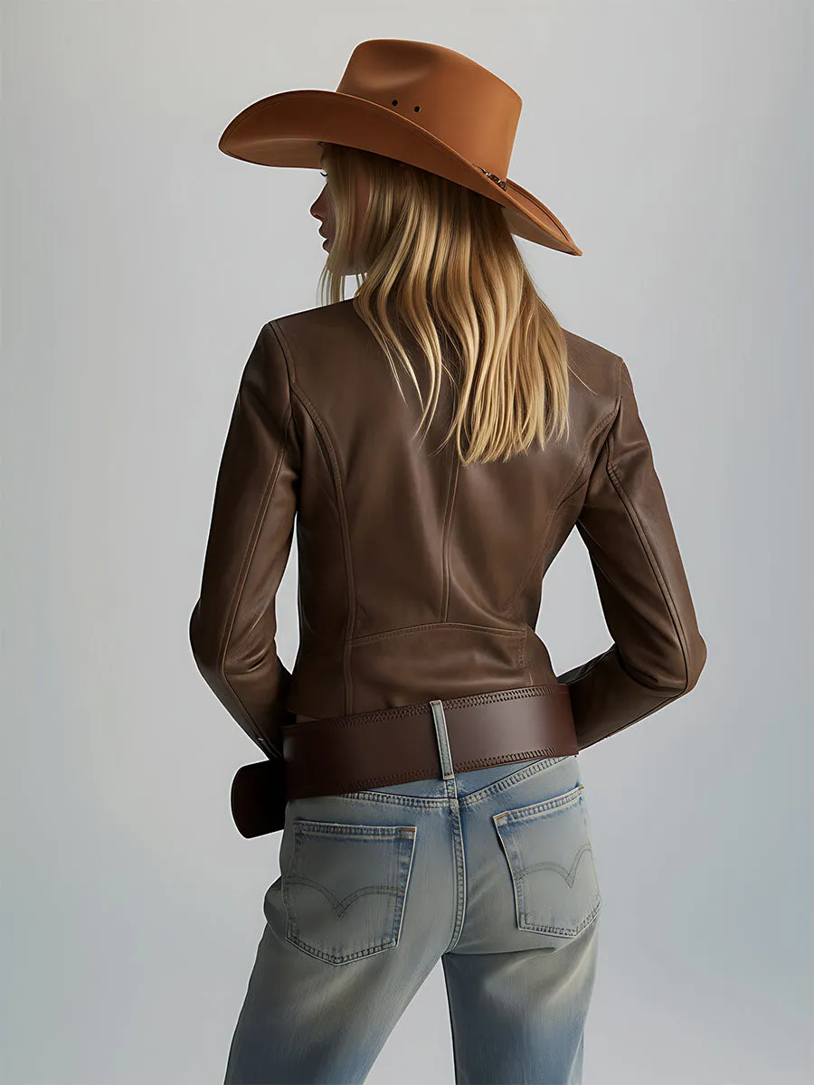 Vintage Western Style Distressed Diagonal Zipper Brown Faux Leather Jacket sold by Oyrosy product image thumbnail 5