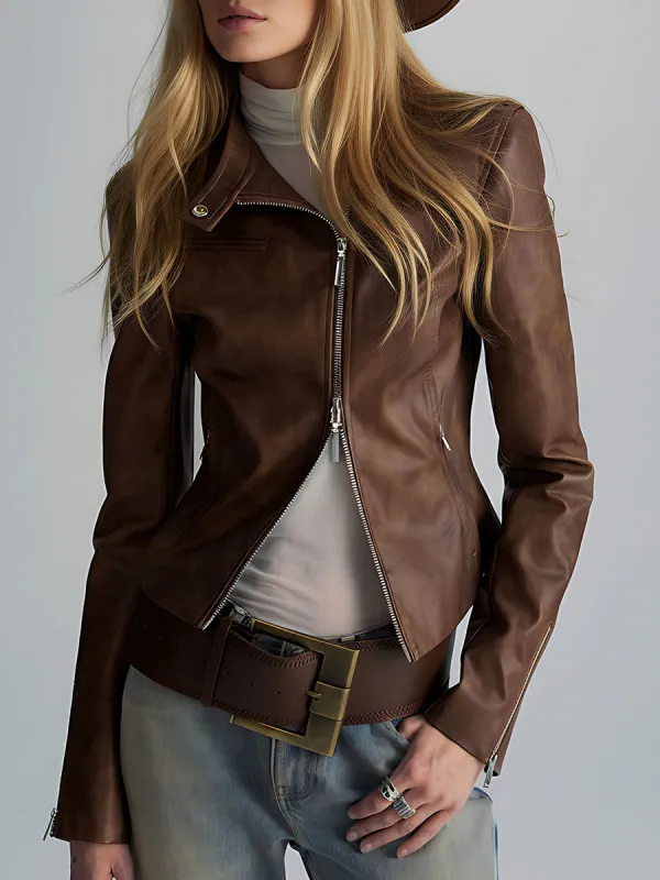 Vintage Western Style Distressed Diagonal Zipper Brown Faux Leather Jacket sold by Oyrosy