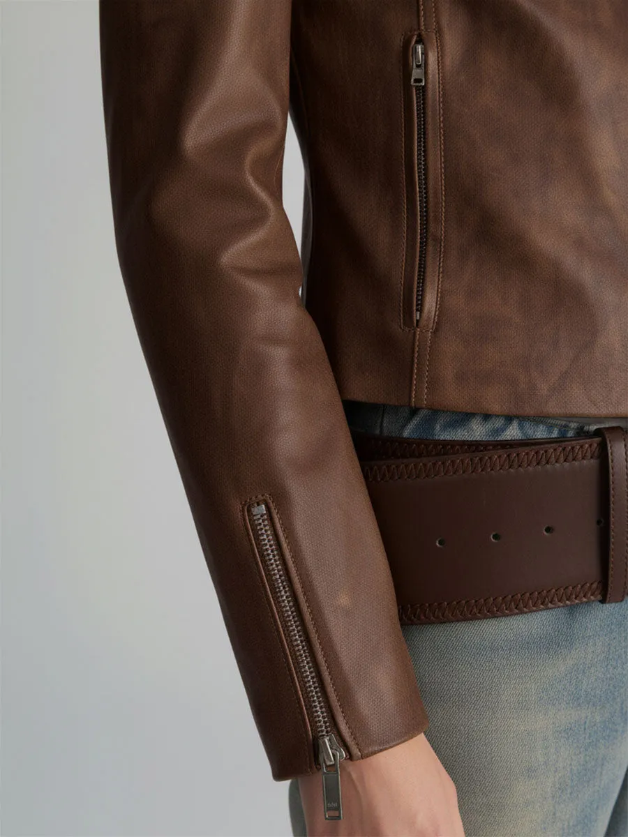 Vintage Western Style Distressed Diagonal Zipper Brown Faux Leather Jacket sold by Oyrosy product image thumbnail 4