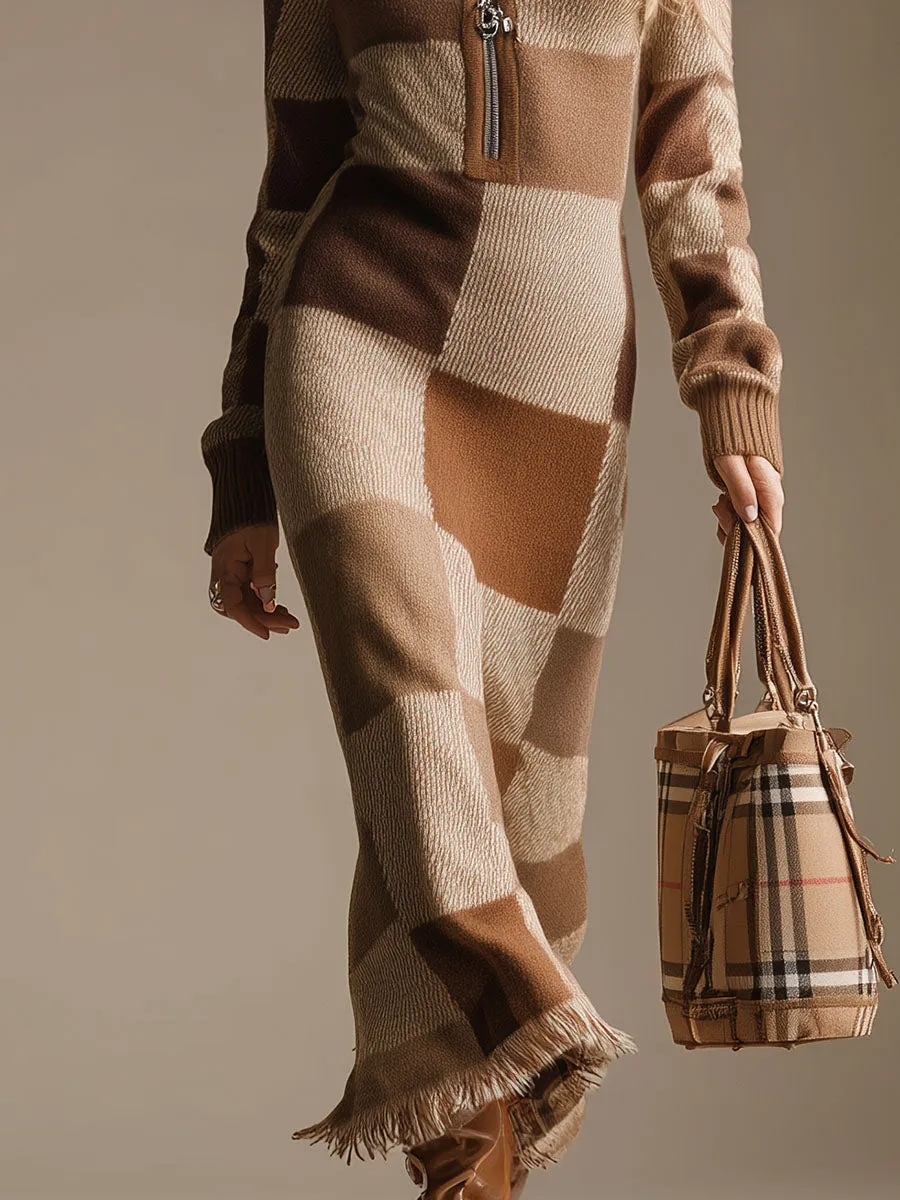 Retro Fashion Brown Plaid Zipper Tassel Knitted Midi Dress sold by Oyrosy product image thumbnail 4