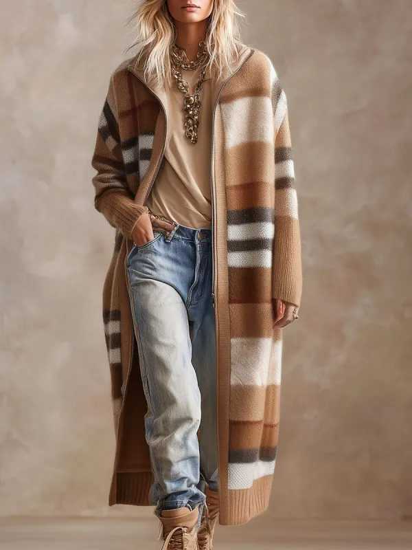 Retro And Fashionable Brown Plaid Zipper Knitted Mid-length Cardigan sold by Oyrosy