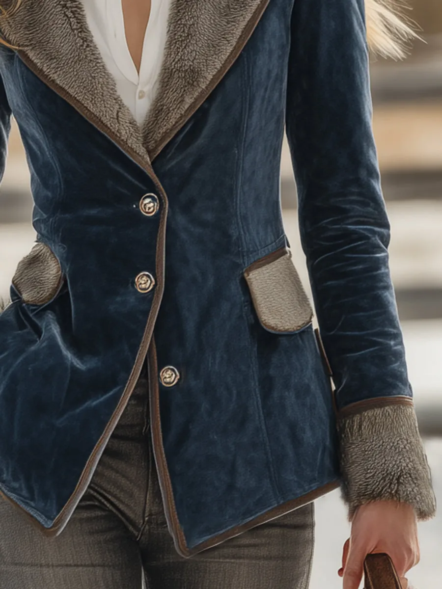 Vintage Casual Gray Plush Navy Faux Suede Blazer sold by Oyrosy product image thumbnail 4