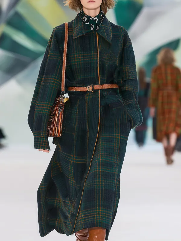 Casual Dark Green Plaid Wool Blend Coat sold by Oyrosy