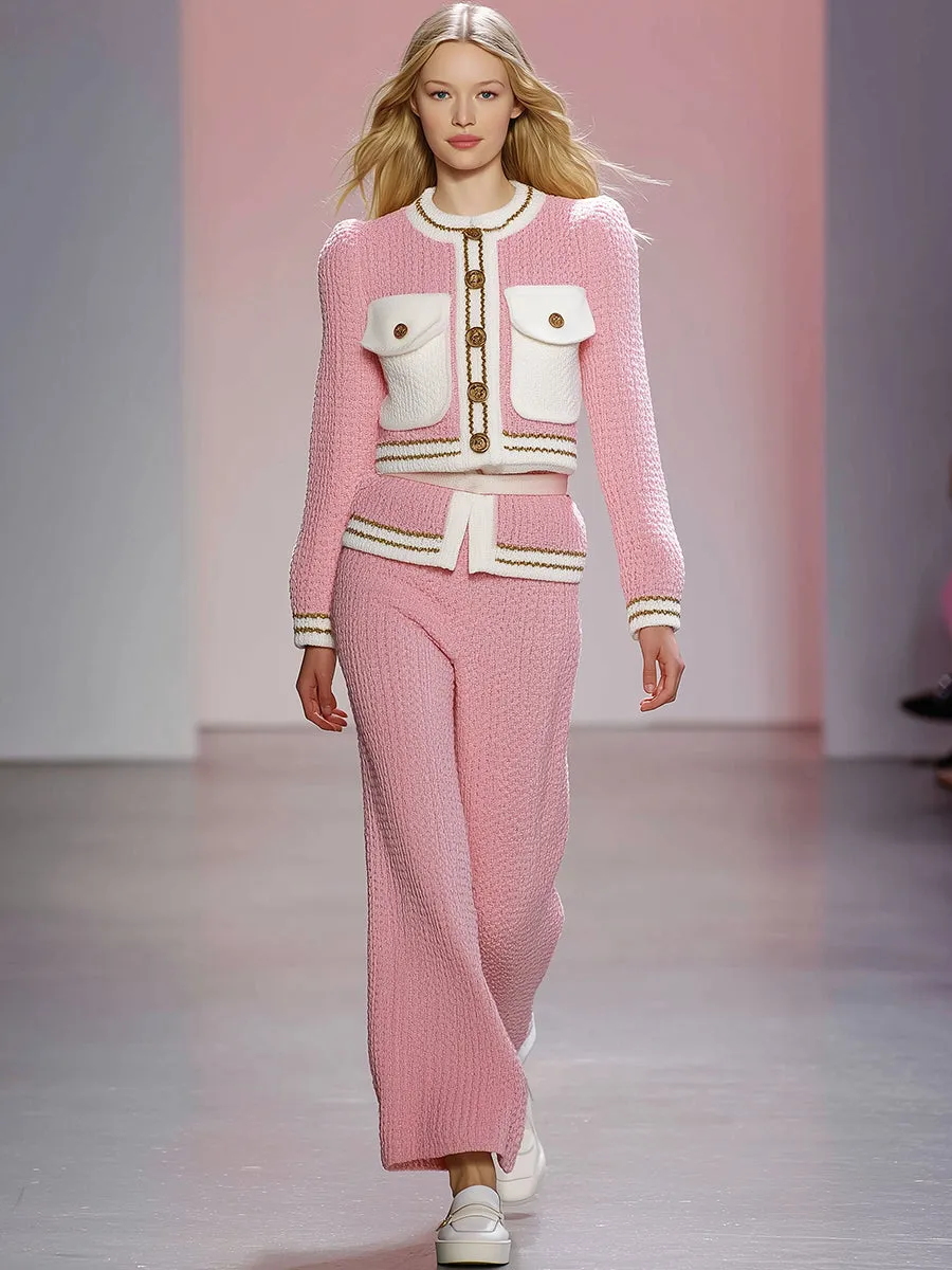 Elegant White Pocket And White Trim Pink Coat And Wide-leg Pants Set sold by Oyrosy product image thumbnail 2