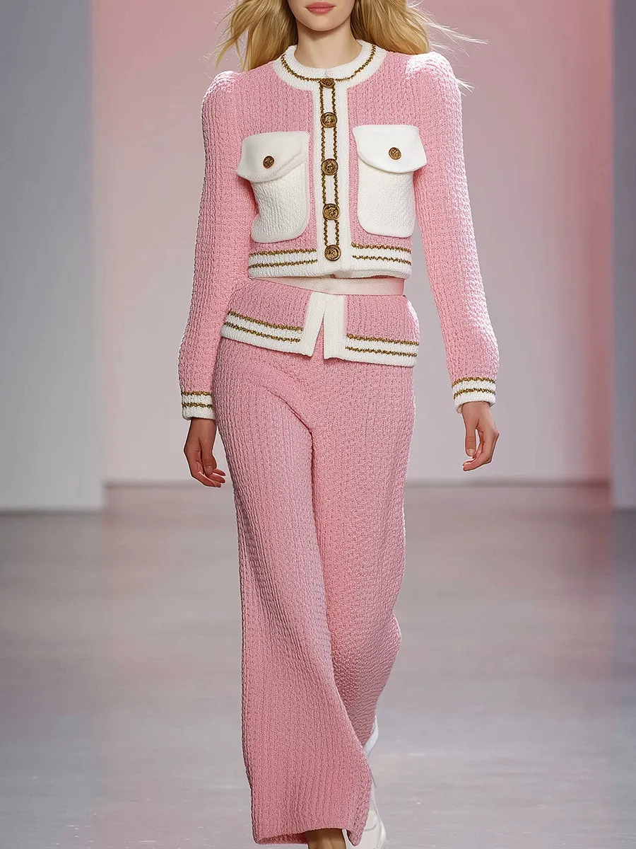 Elegant White Pocket And White Trim Pink Coat And Wide-leg Pants Set sold by Oyrosy