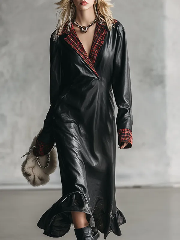 Fashionable And Elegant Black Faux Leather Plaid Trim Midi Dress sold by Oyrosy