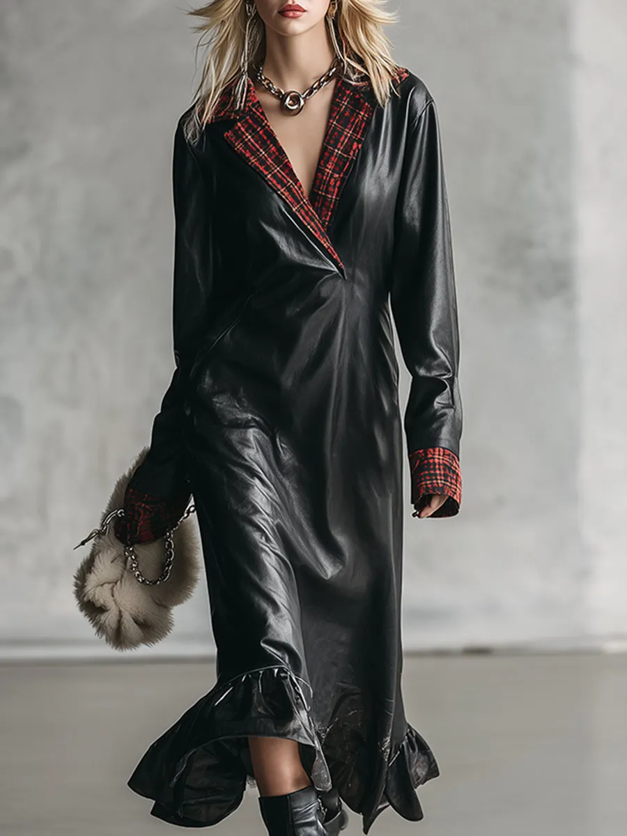 Fashionable And Elegant Black Faux Leather Plaid Trim Midi Dress sold by Oyrosy