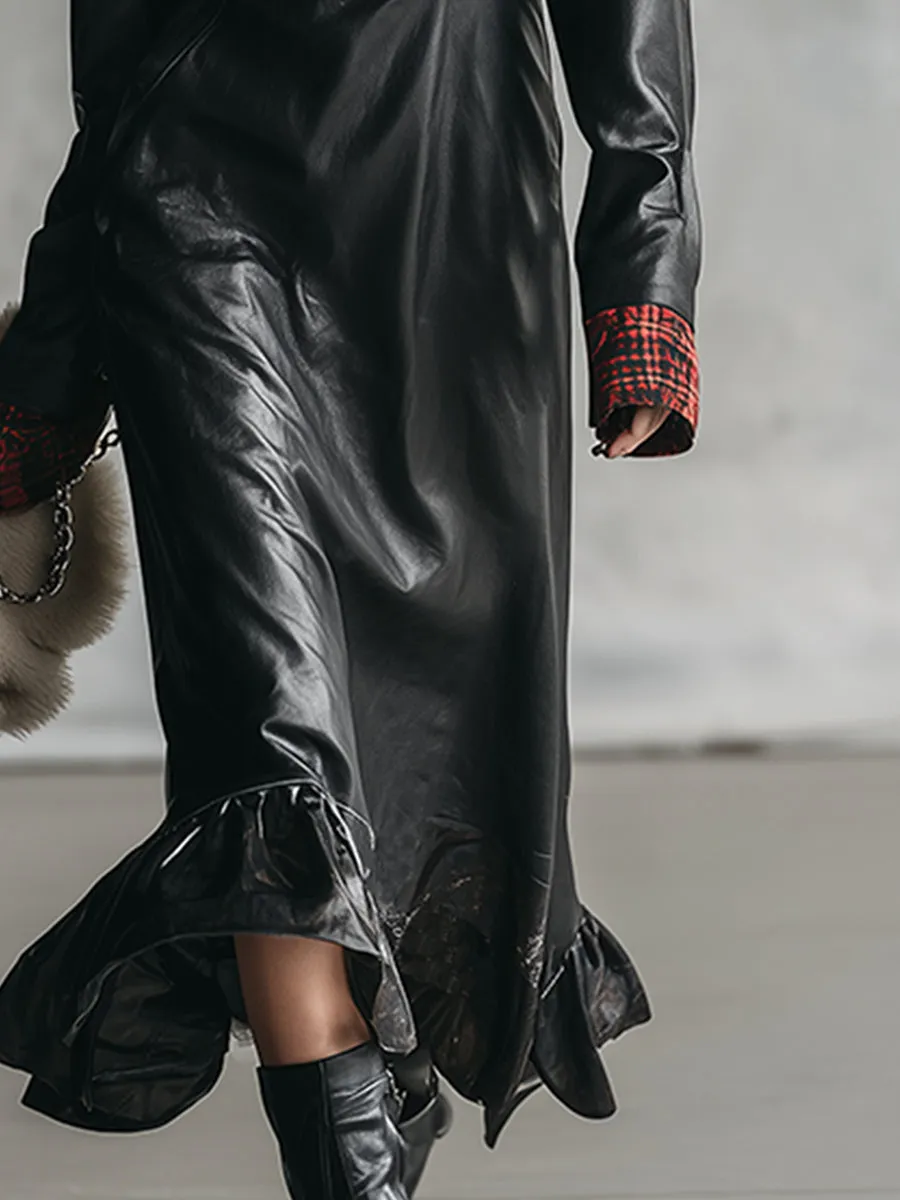 Fashionable And Elegant Black Faux Leather Plaid Trim Midi Dress sold by Oyrosy product image thumbnail 4