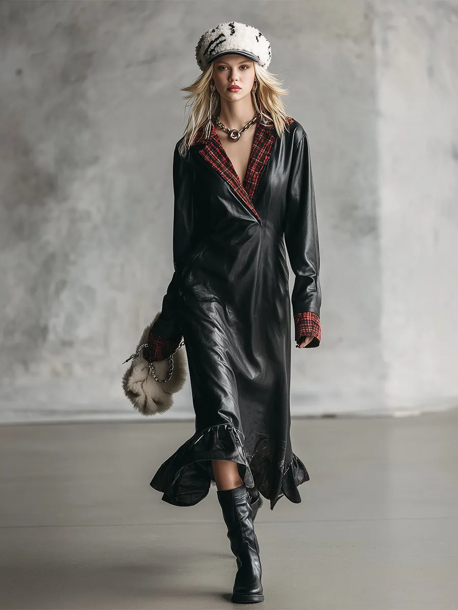 Fashionable And Elegant Black Faux Leather Plaid Trim Midi Dress sold by Oyrosy product image thumbnail 2