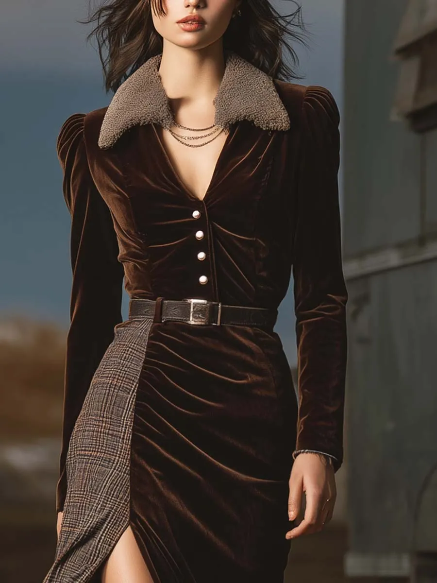 Western Retro Faux Fur V-neck Front Button Brown Velvet Stitching Plaid Slit Maxi Dress sold by Oyrosy product image thumbnail 3