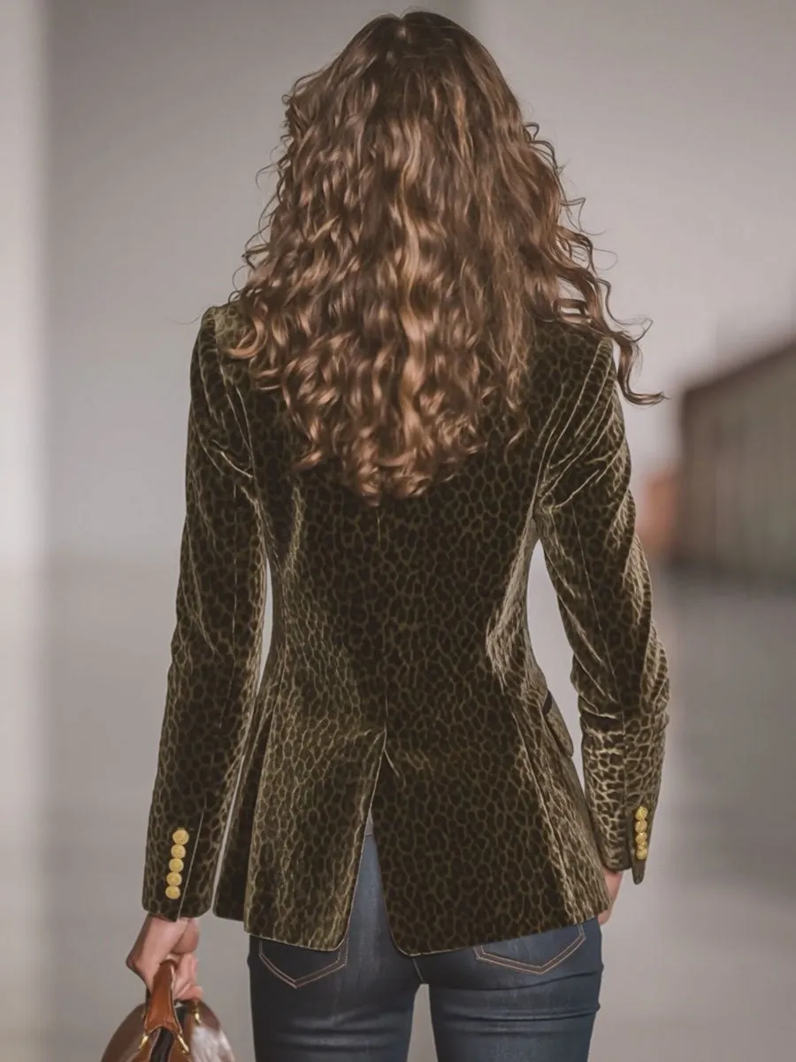 Retro Leopard Print Contrast Stitching Velvet Blazer sold by Oyrosy product image thumbnail 2
