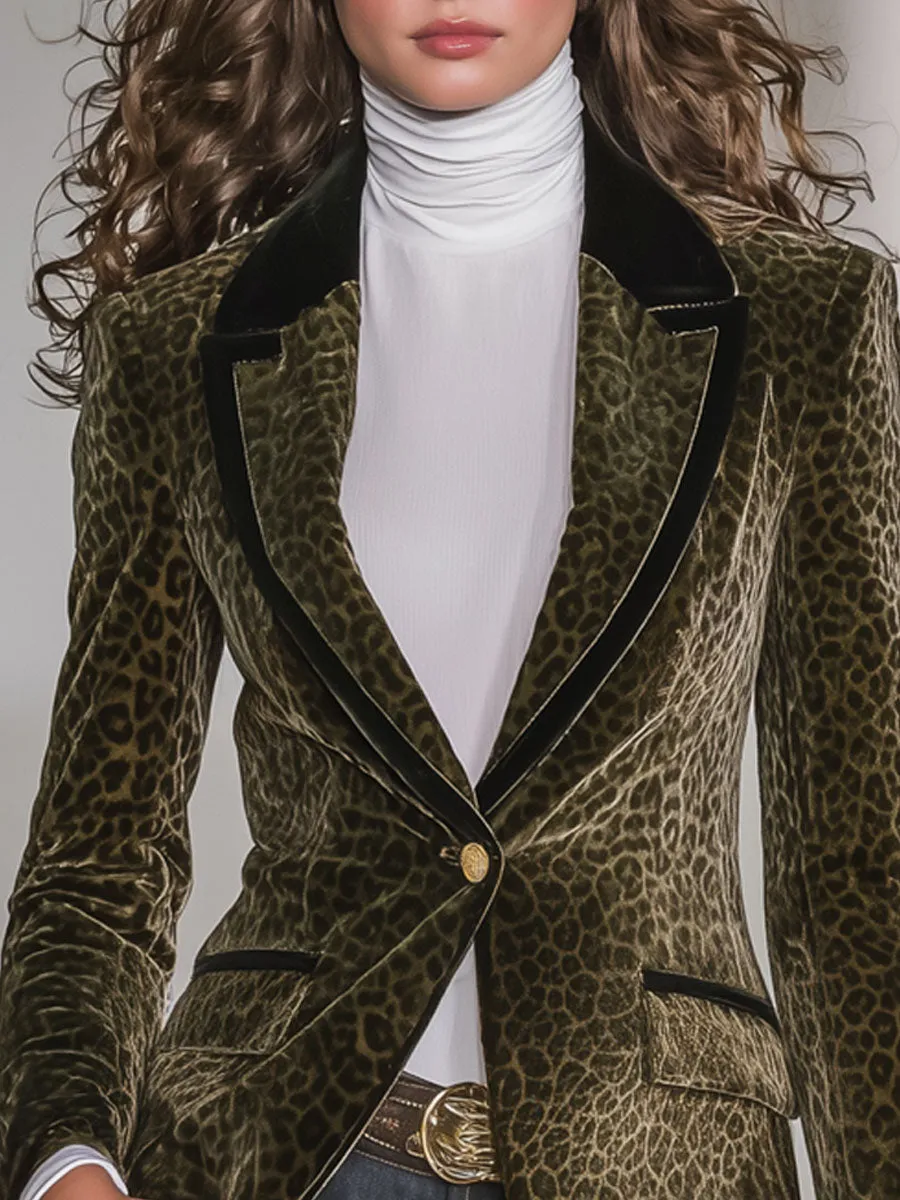 Retro Leopard Print Contrast Stitching Velvet Blazer sold by Oyrosy product image thumbnail 3