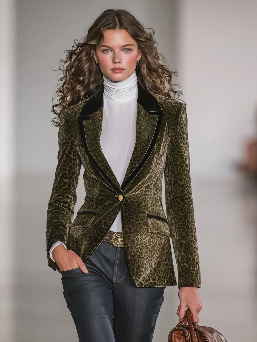 Retro Leopard Print Contrast Stitching Velvet Blazer sold by Oyrosy product image thumbnail 5