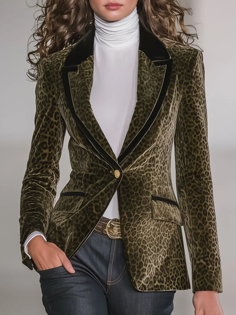 Retro Leopard Print Contrast Stitching Velvet Blazer sold by Oyrosy