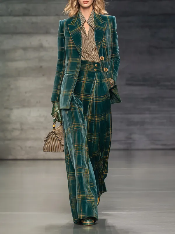Retro And Fashionable Green Plaid Velvet Blazer High Waist Wide Leg Pants Set sold by Oyrosy