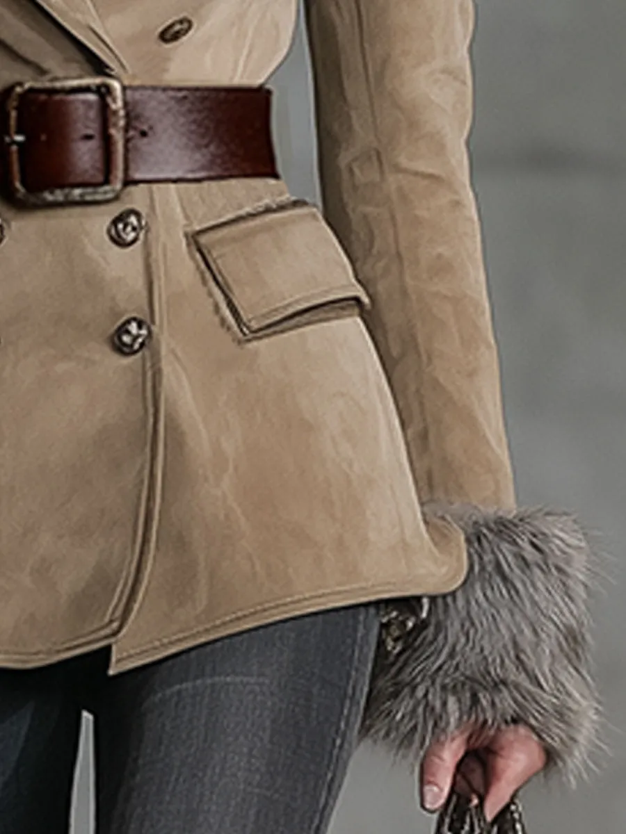 Camel Faux Suede Jacket With Grey Shearling Trim sold by Oyrosy product image thumbnail 4