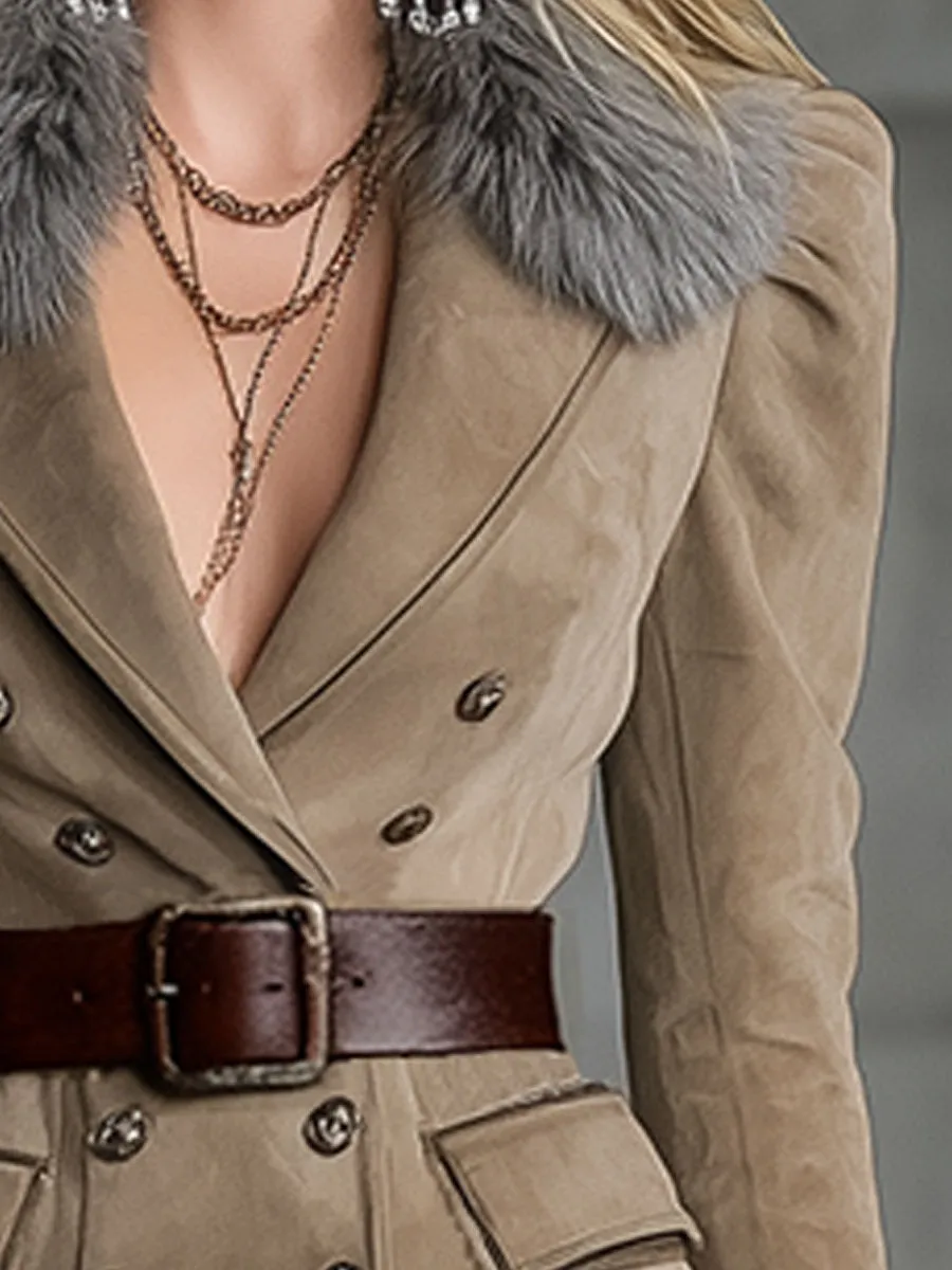 Camel Faux Suede Jacket With Grey Shearling Trim sold by Oyrosy product image thumbnail 3