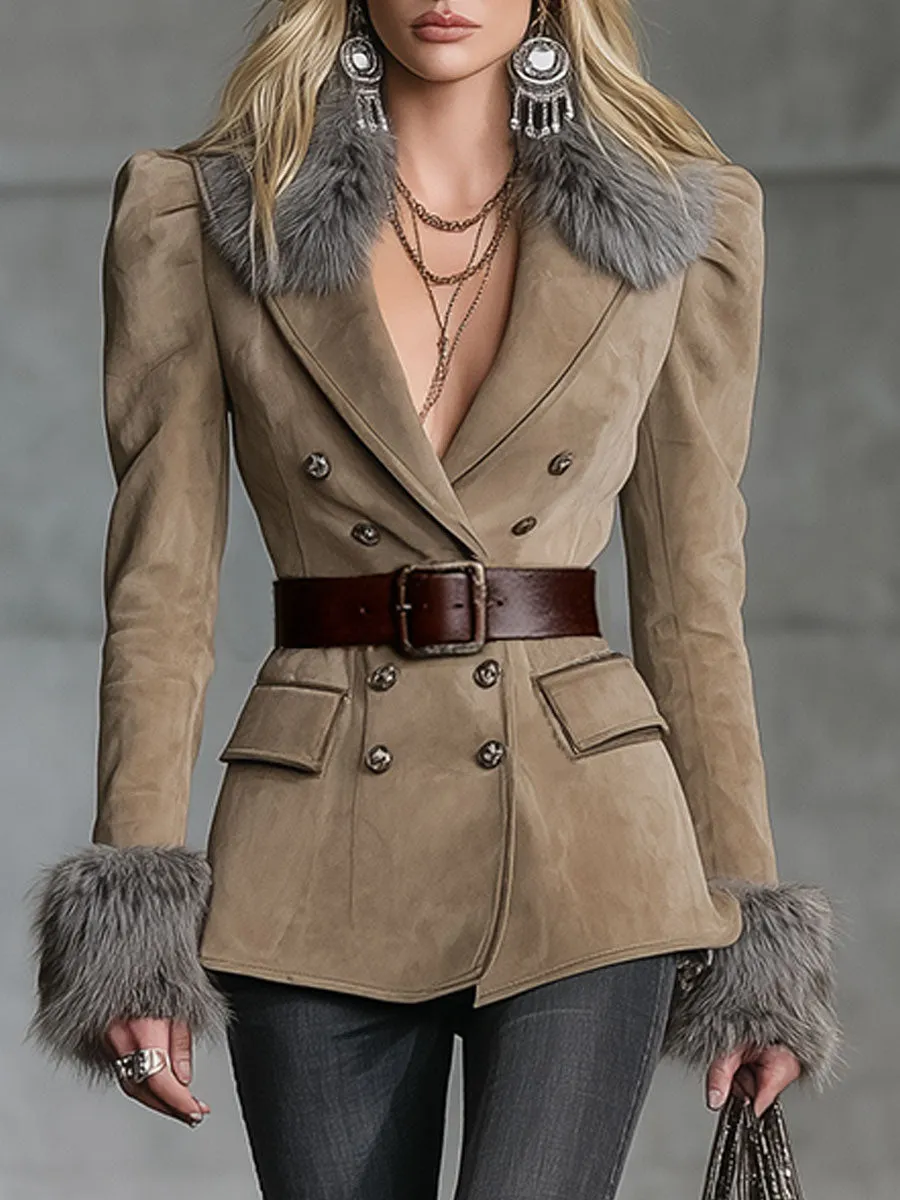 Camel Faux Suede Jacket With Grey Shearling Trim sold by Oyrosy