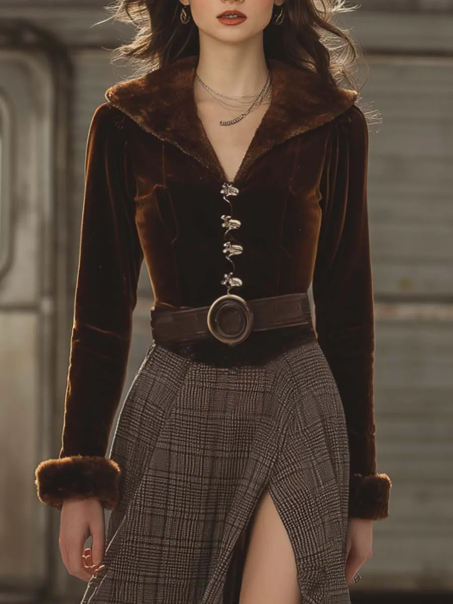 Vintage Western Faux Fur Collar Front Button Brown Velvet Patchwork Plaid Hem Slit Maxi Dress sold by Oyrosy product image thumbnail 3