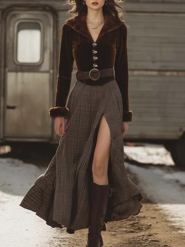 Vintage Western Faux Fur Collar Front Button Brown Velvet Patchwork Plaid Hem Slit Maxi Dress sold by Oyrosy