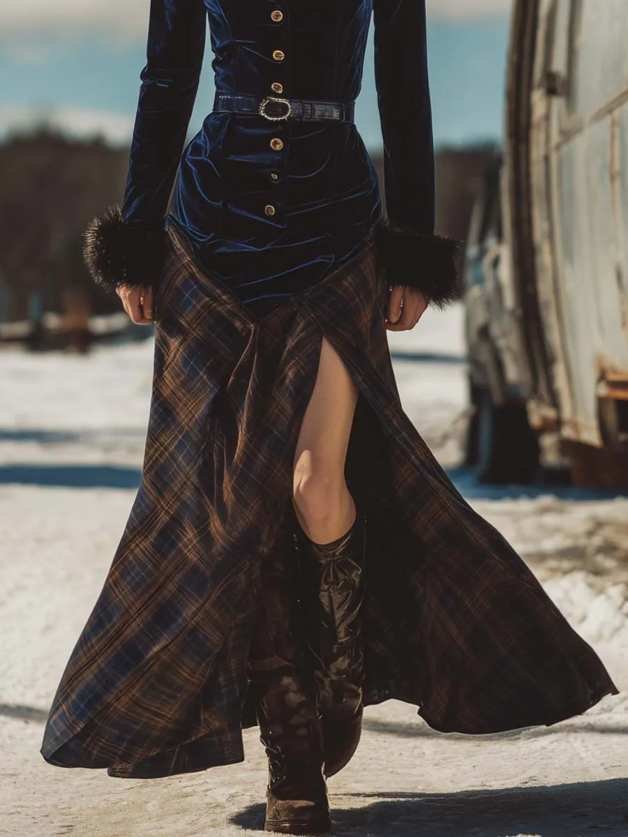 Vintage Western Faux Fur Collar Front Button-down Dark Blue Velvet Patchwork Plaid Hem Slit Maxi Dress sold by Oyrosy product image thumbnail 3