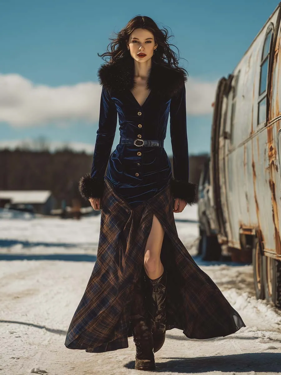 Vintage Western Faux Fur Collar Front Button-down Dark Blue Velvet Patchwork Plaid Hem Slit Maxi Dress sold by Oyrosy product image thumbnail 2