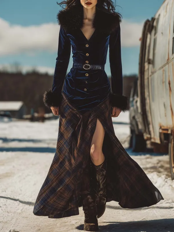 Vintage Western Faux Fur Collar Front Button-down Dark Blue Velvet Patchwork Plaid Hem Slit Maxi Dress sold by Oyrosy
