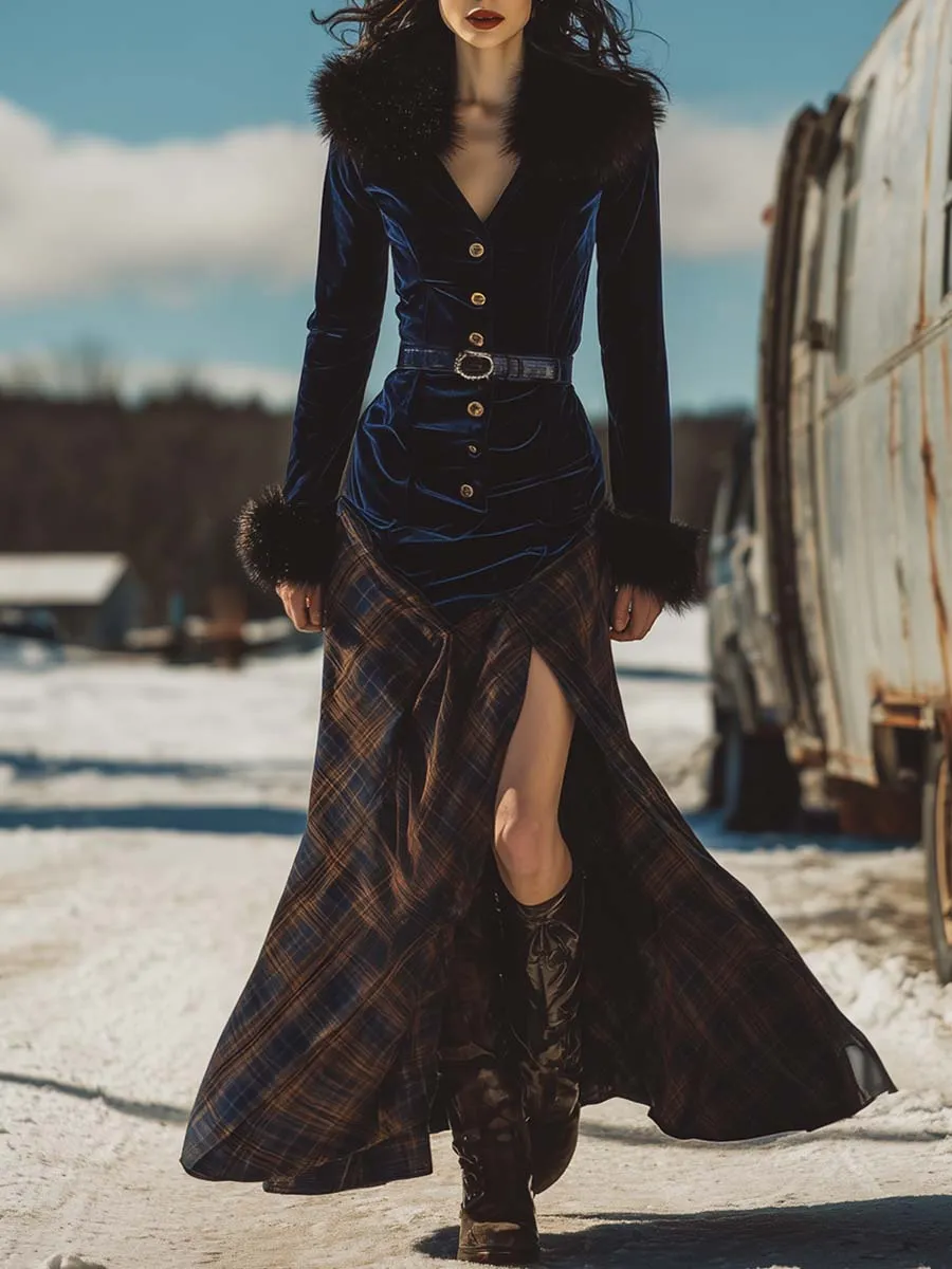 Vintage Western Faux Fur Collar Front Button-down Dark Blue Velvet Patchwork Plaid Hem Slit Maxi Dress sold by Oyrosy
