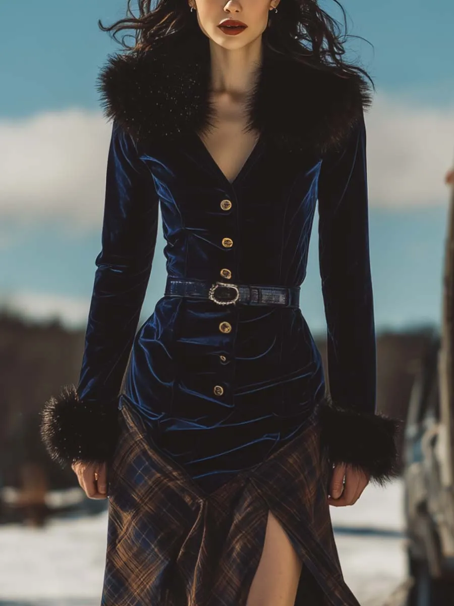 Vintage Western Faux Fur Collar Front Button-down Dark Blue Velvet Patchwork Plaid Hem Slit Maxi Dress sold by Oyrosy product image thumbnail 4