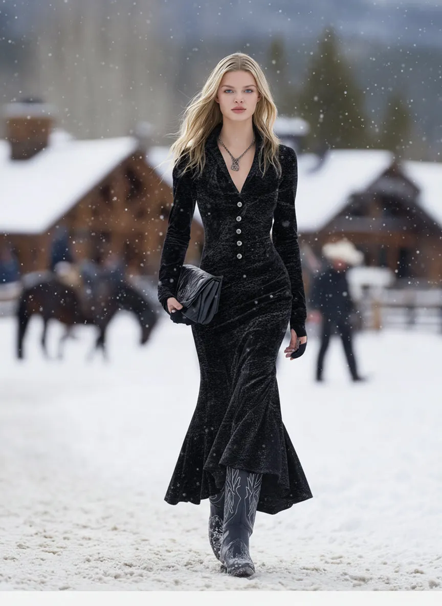 Western Black Textured Faux Suede V-neck Button Midi Dress sold by Oyrosy product image thumbnail 2