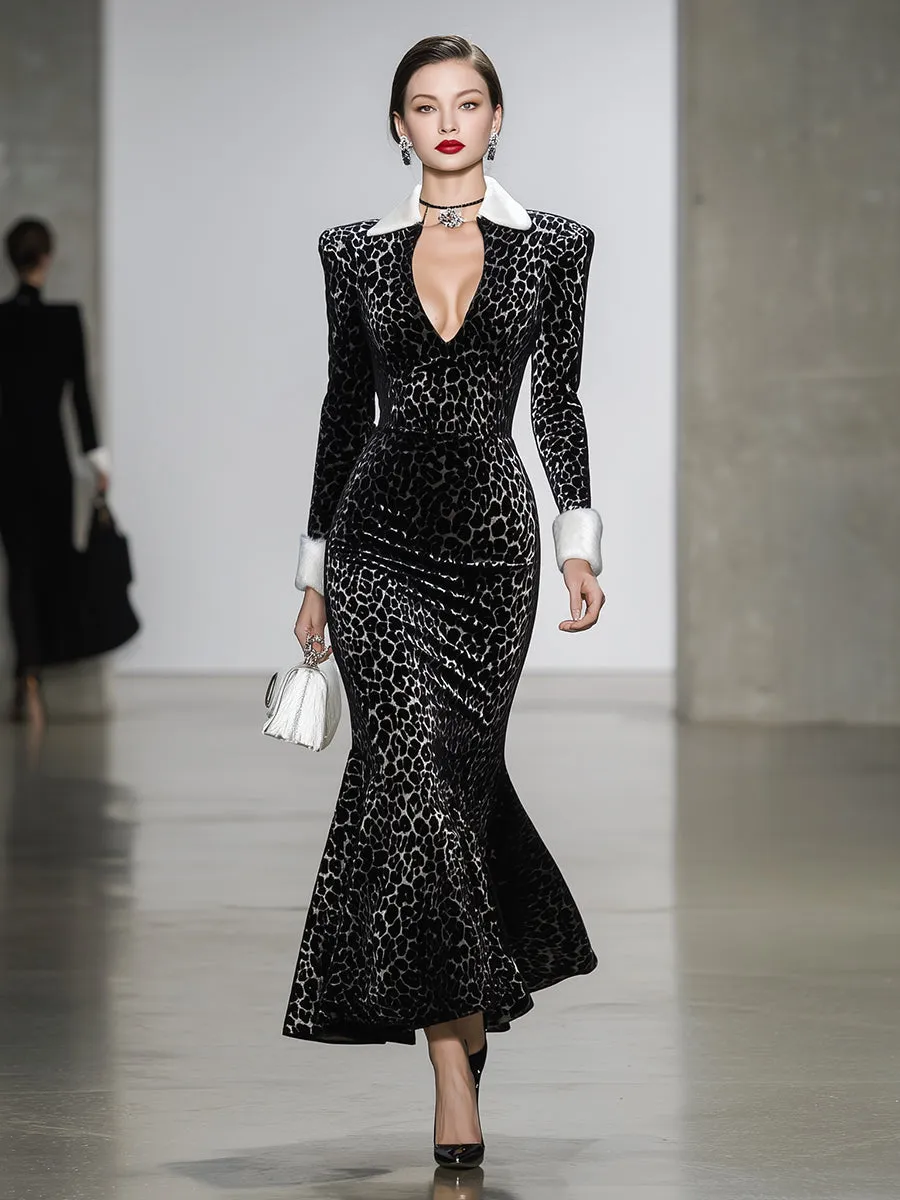 Elegant Black Velvet Leopard Print V-neck Spliced furry Midi Dress sold by Oyrosy product image thumbnail 2