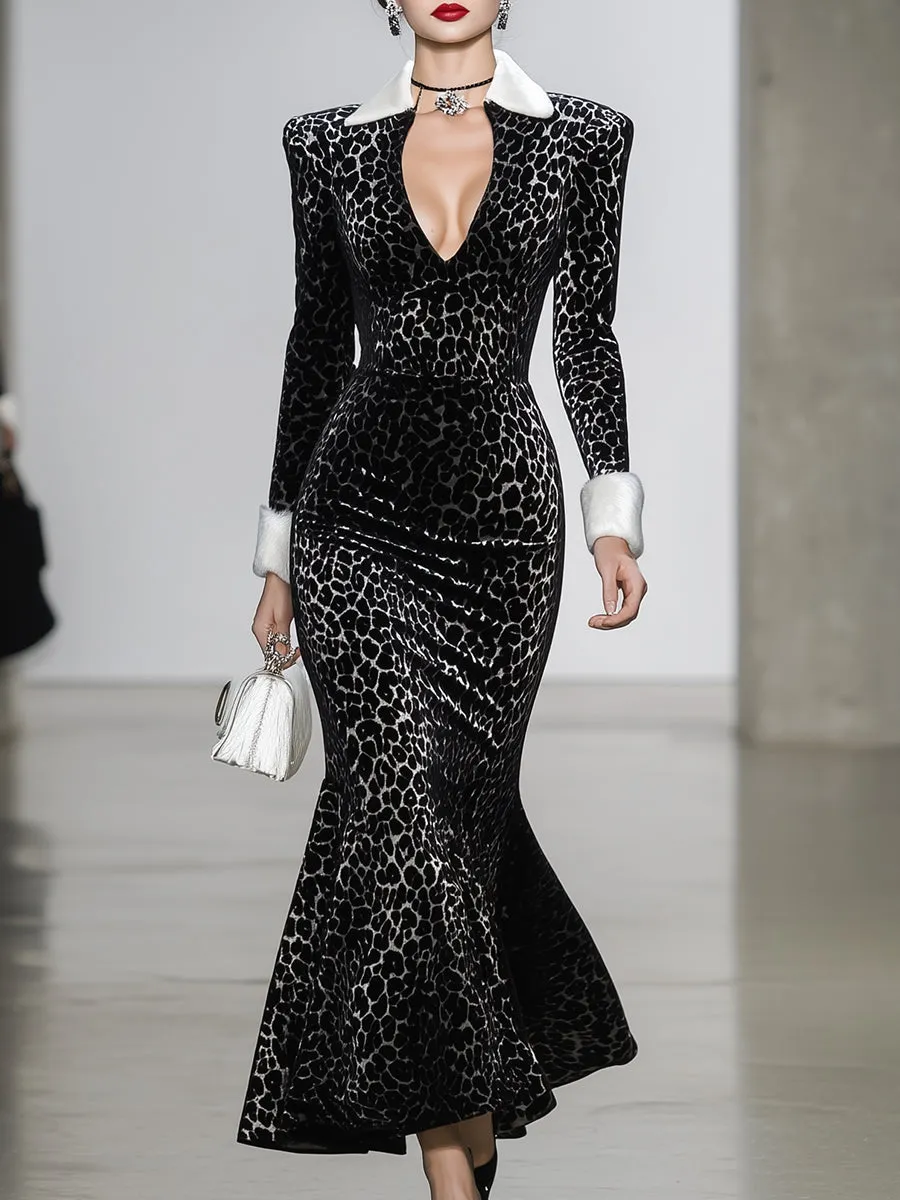 Elegant Black Velvet Leopard Print V-neck Spliced furry Midi Dress sold by Oyrosy