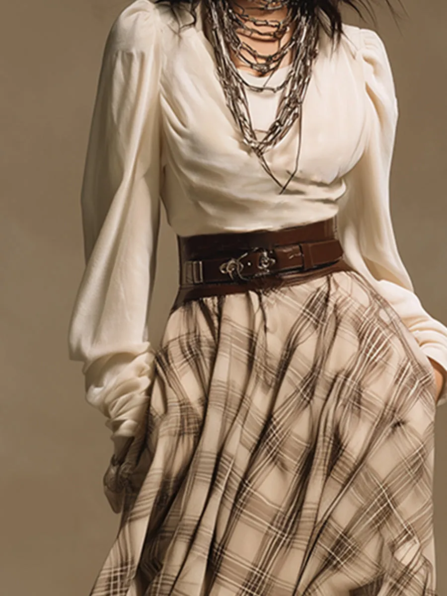 Retro Bohemian Cream Velvet Plaid Maxi Dress sold by Oyrosy product image thumbnail 3