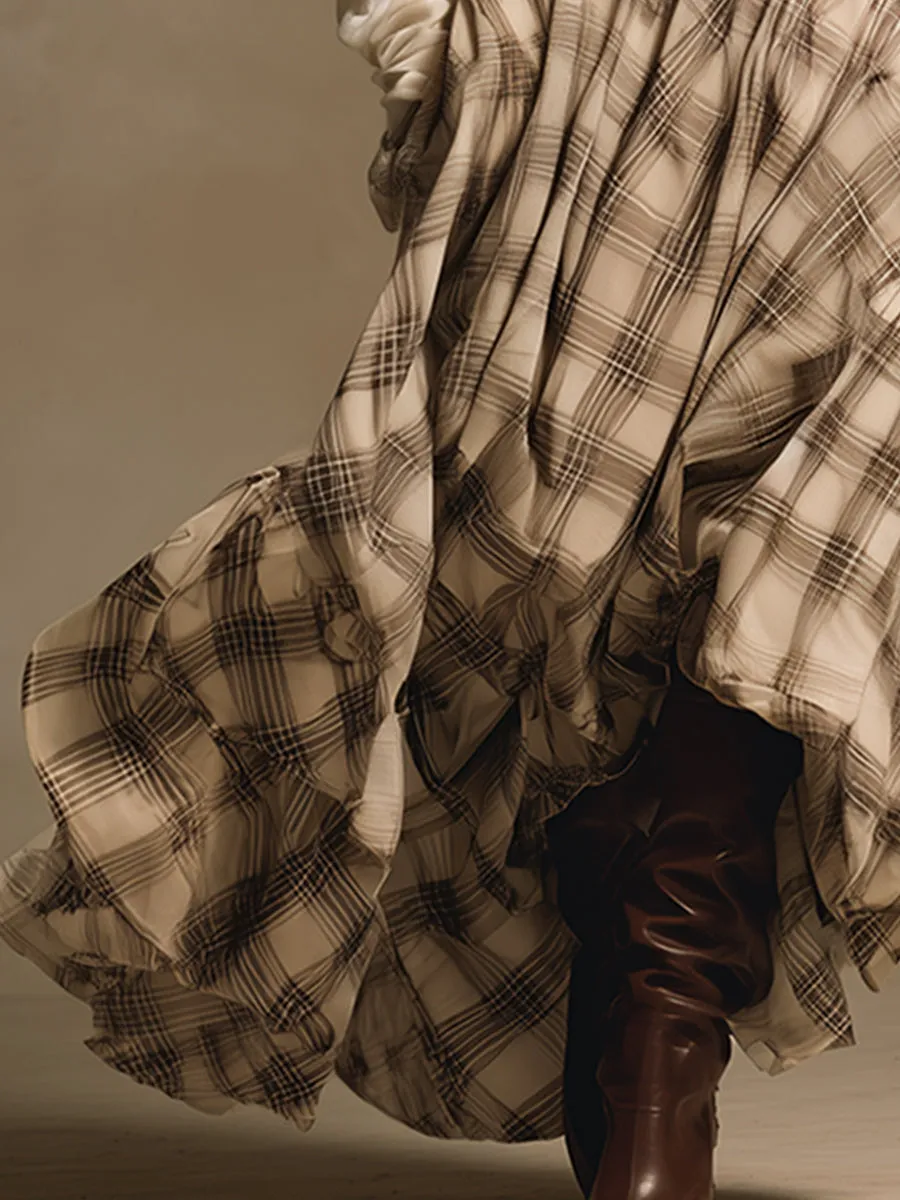 Retro Bohemian Cream Velvet Plaid Maxi Dress sold by Oyrosy product image thumbnail 4