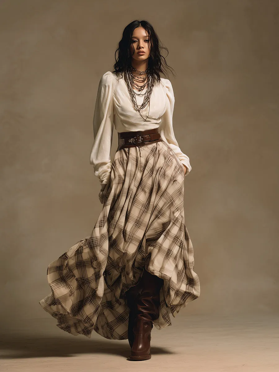 Retro Bohemian Cream Velvet Plaid Maxi Dress sold by Oyrosy product image thumbnail 2