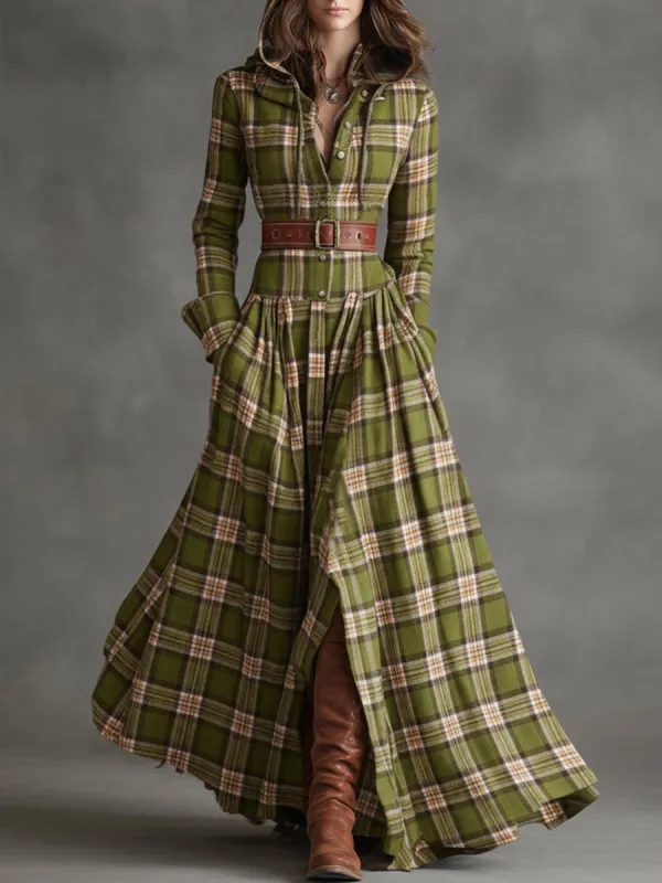Retro Ethnic Style Green Plaid Hooded Belted Maxi Dress sold by Oyrosy