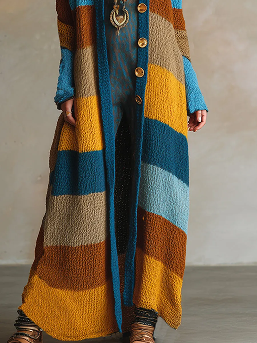 Retro Contrast Striped Knitted Long Cardigan sold by Oyrosy product image thumbnail 4