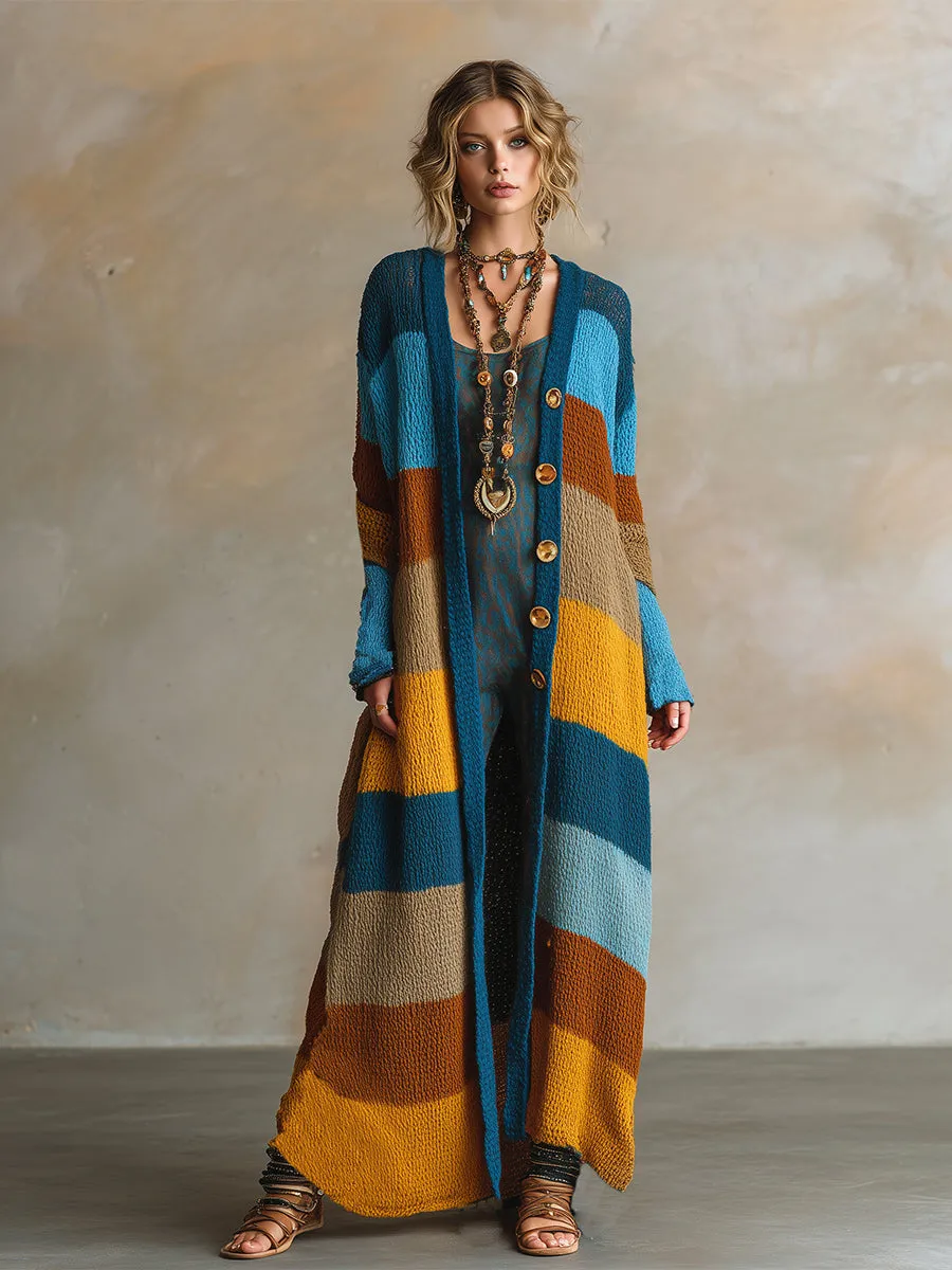 Retro Contrast Striped Knitted Long Cardigan sold by Oyrosy product image thumbnail 2
