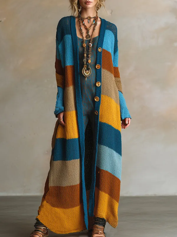 Retro Contrast Striped Knitted Long Cardigan sold by Oyrosy