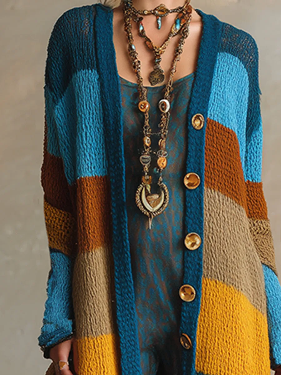 Retro Contrast Striped Knitted Long Cardigan sold by Oyrosy product image thumbnail 3
