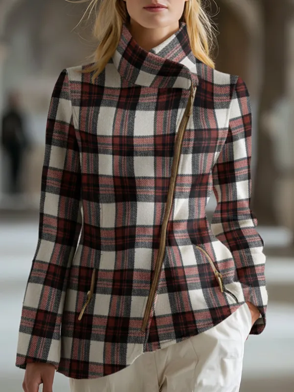 Retro Stand-up Collar Red And White Plaid Slant-front Short Coat sold by Oyrosy