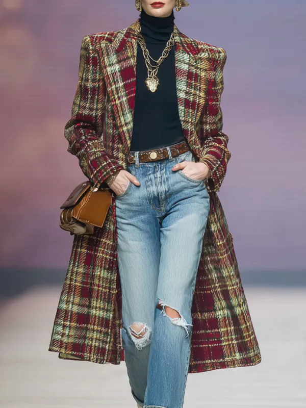 Lapel Retro Classic Plaid Wool Coat sold by Oyrosy