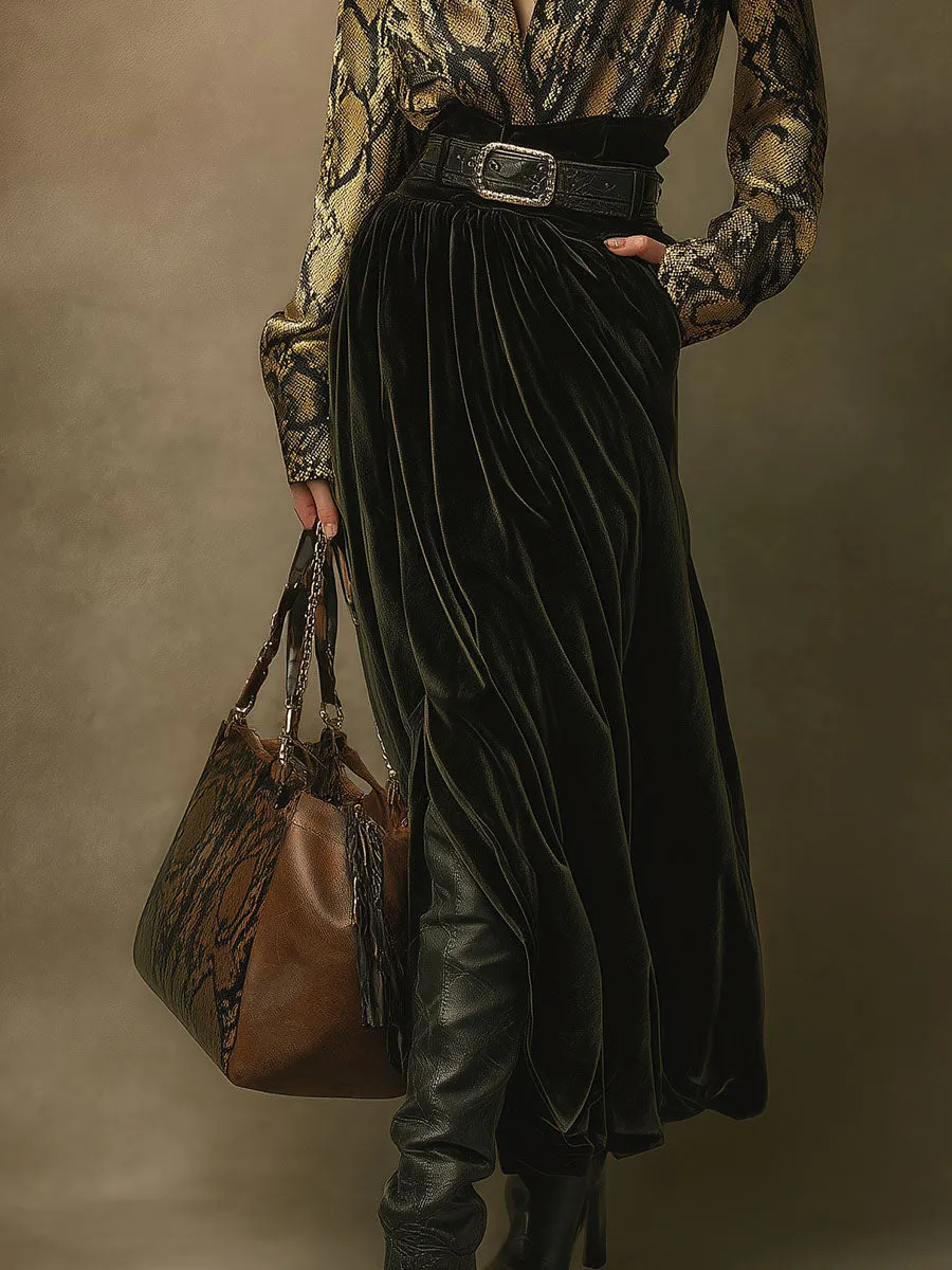 Retro Western Style Snake Print Satin Shirt Green Velvet Skirt Set sold by Oyrosy product image thumbnail 4