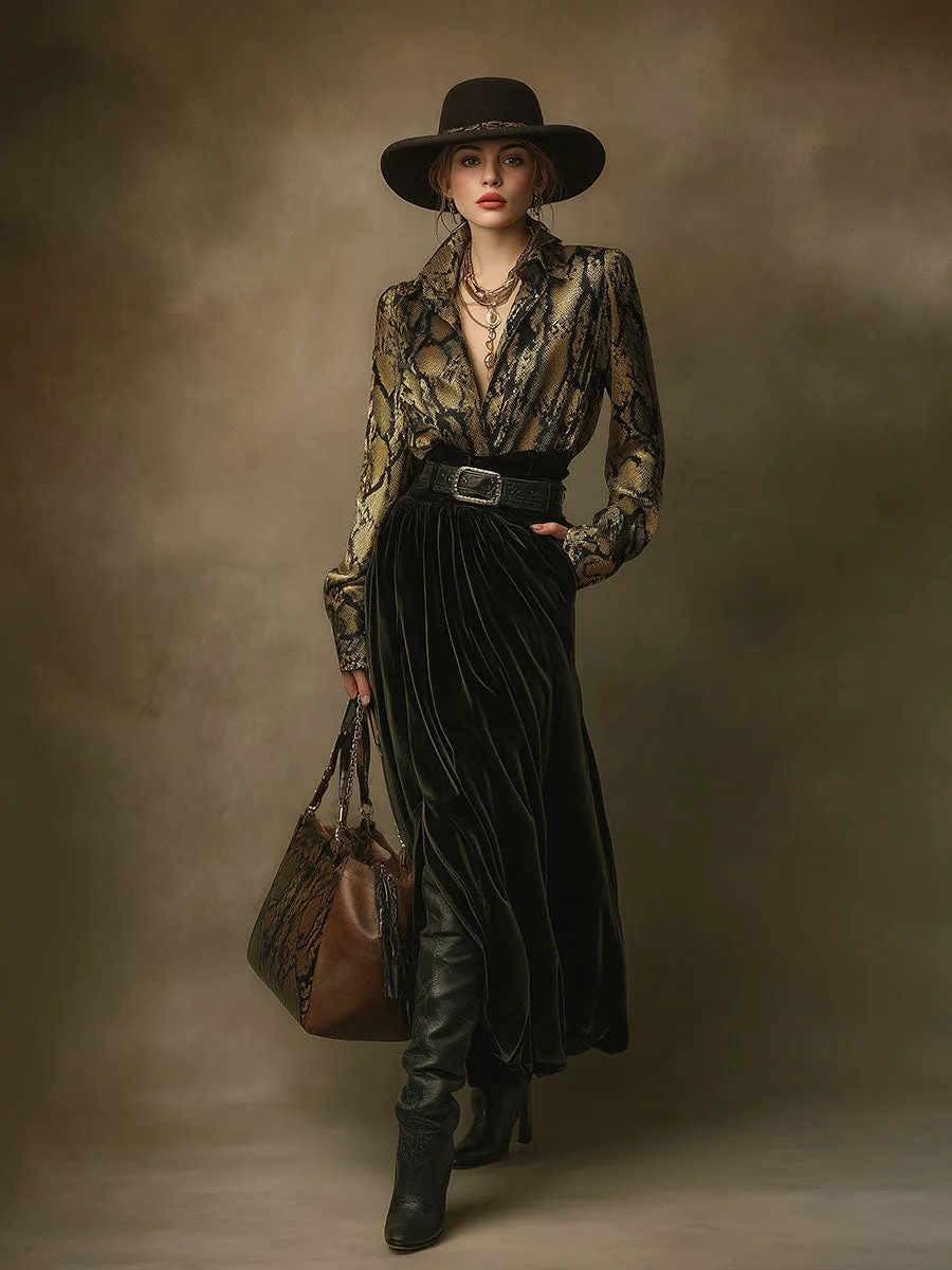 Retro Western Style Snake Print Satin Shirt Green Velvet Skirt Set sold by Oyrosy product image thumbnail 2