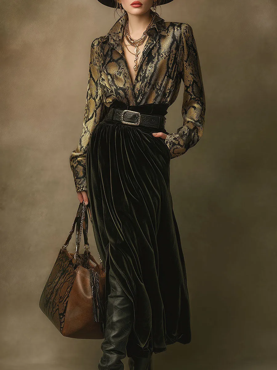 Retro Western Style Snake Print Satin Shirt Green Velvet Skirt Set sold by Oyrosy