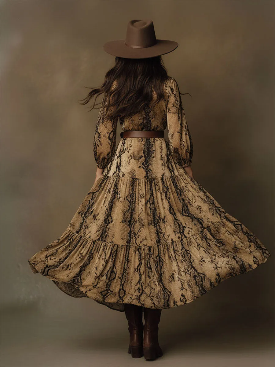 Vintage Western Snake Print Velvet V-Neck Maxi Dress sold by Oyrosy product image thumbnail 5