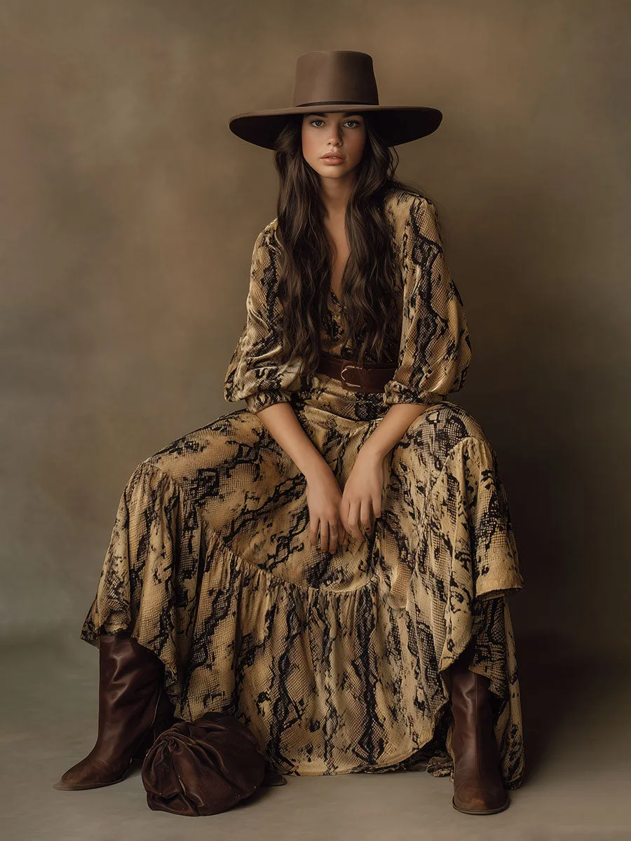 Vintage Western Snake Print Velvet V-Neck Maxi Dress sold by Oyrosy product image thumbnail 3