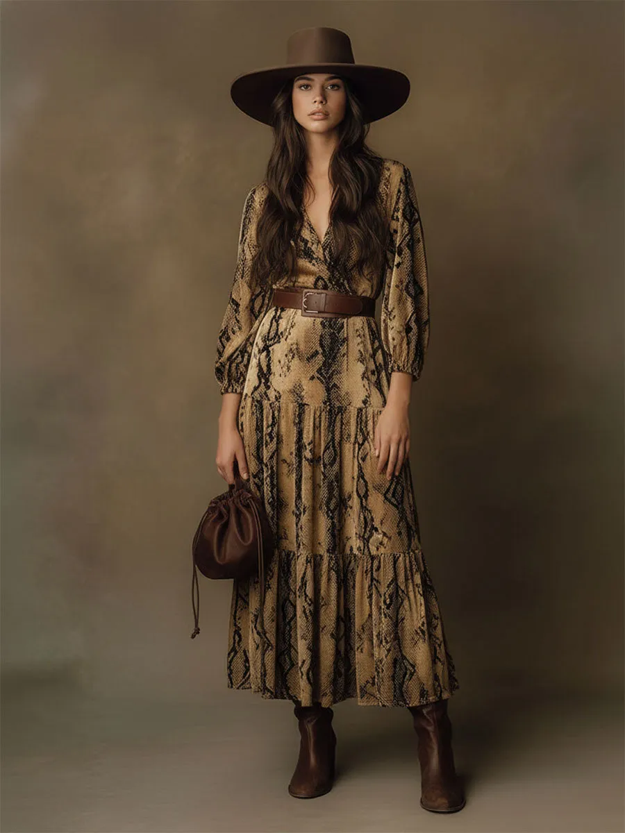 Vintage Western Snake Print Velvet V-Neck Maxi Dress sold by Oyrosy product image thumbnail 2