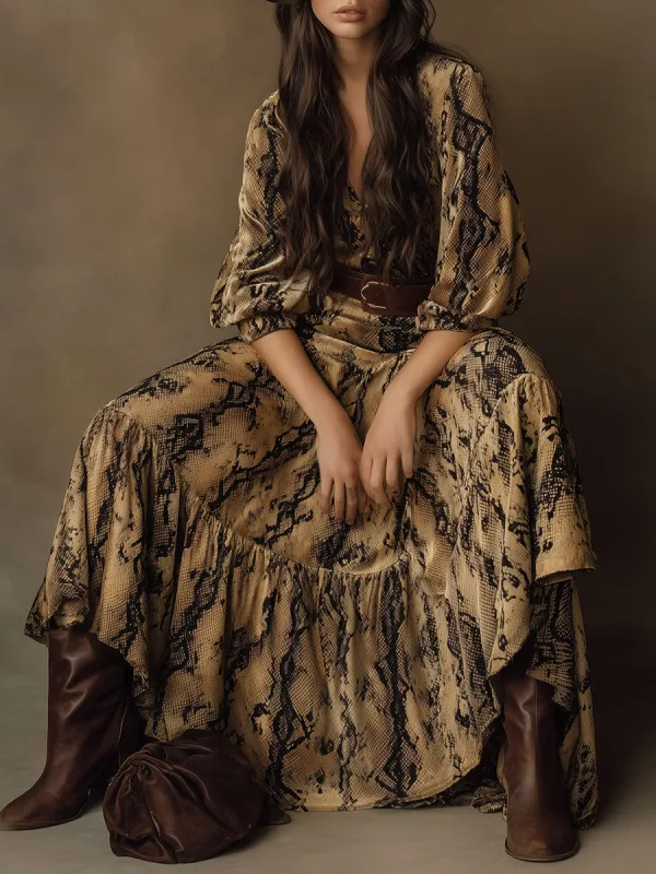 Vintage Western Snake Print Velvet V-Neck Maxi Dress sold by Oyrosy